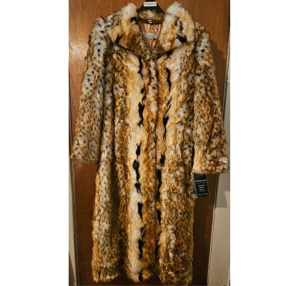 Vintage NWT Pamela McCoy S Full Length Lynx Faux Fur Coat Animal Print Wildcat - Picture 1 of 10